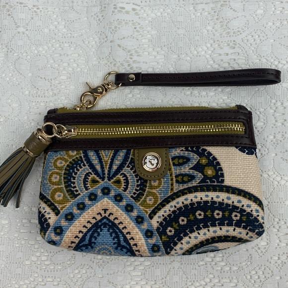 Spartina Linen & leather Wristlet Pouch bag Paisley Blue Tan Boho Gold Zipper - Picture 1 of 13